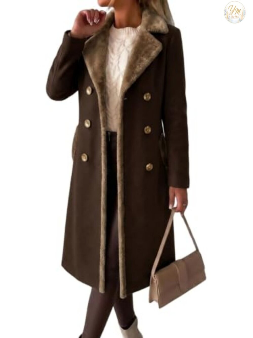 Women's Double Breasted Wool Peacoat Long Fur Collar Winter Coat